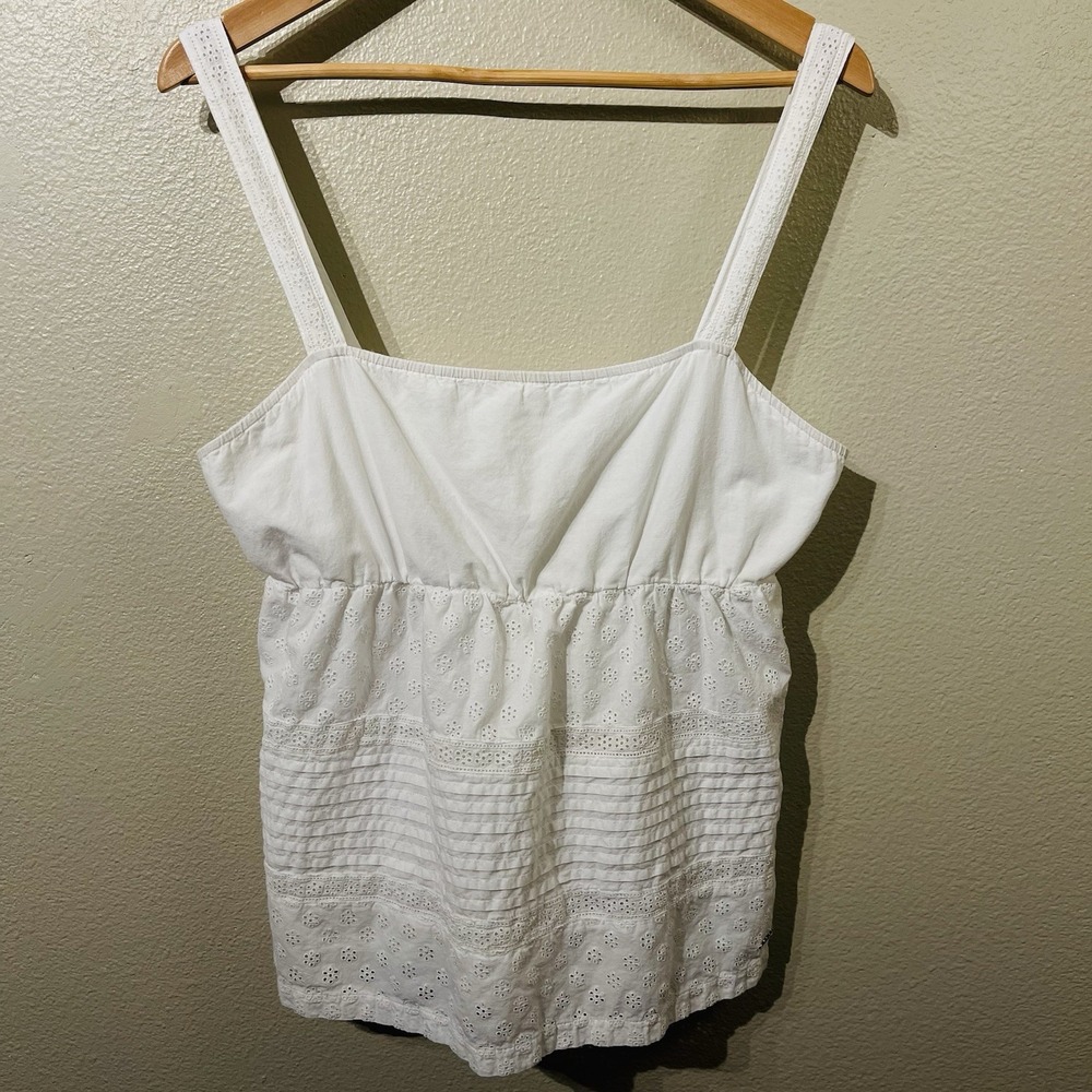 ROXY Vintage Y2K White Babydoll Eyelet Top Smocked‎ Lined Surfer Beach Size L
